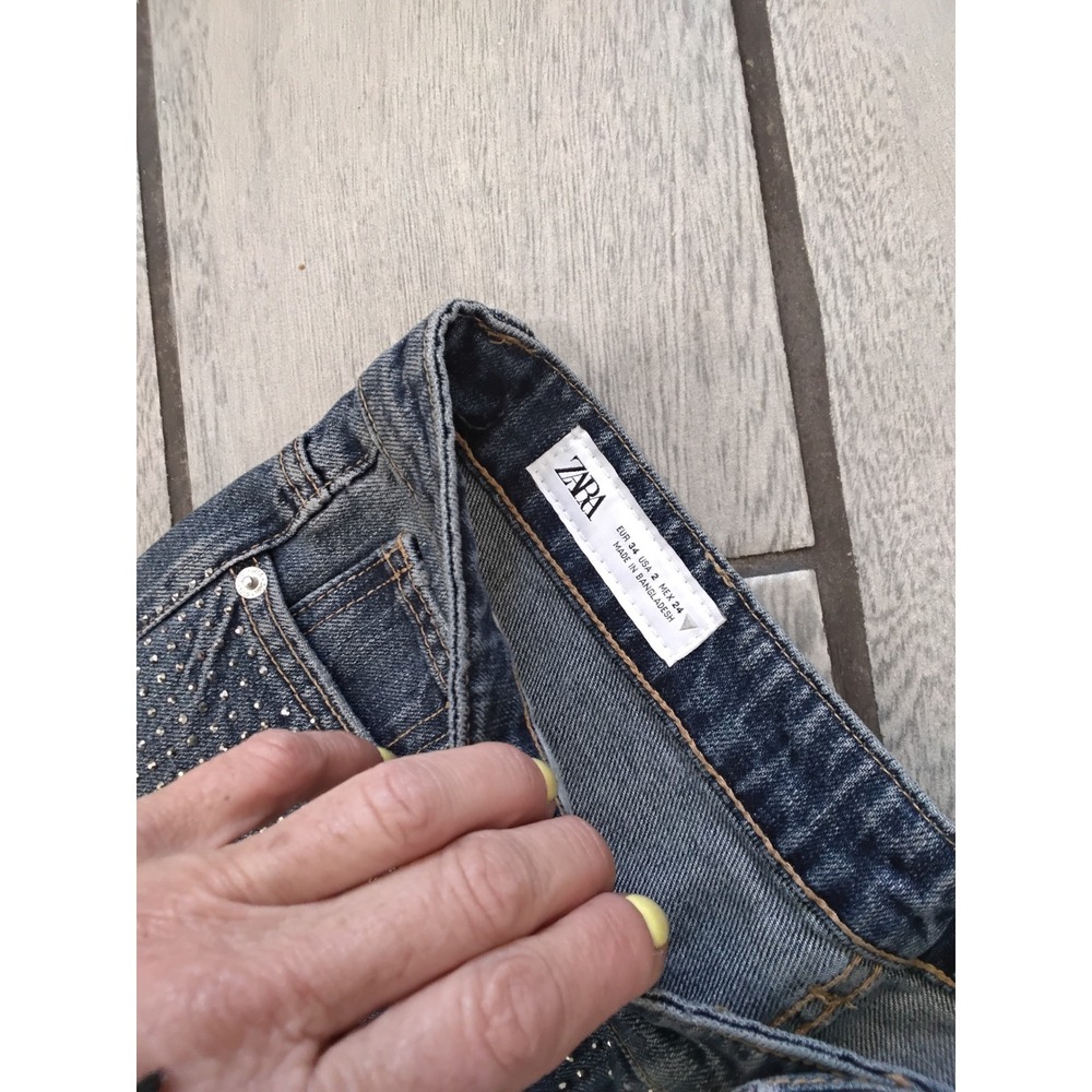 Zara Rhinestone Embellished Wide Leg Jeans Blue Denim High Rise Size 2 8197/217 - Picture 3 of 7